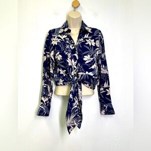 Panama Jack - Blue Linen Blend Tropical Palm Leaf Pattern  Tie Blouse Size XS